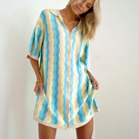 Striped Blue and Yellow Mini Dress - Picture 1 of 12
